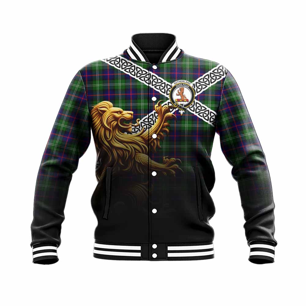 Tartan Vibes Clothing Sutherland Crest Tartan Baseball Jacket with Golden Lion Emblem Celtic Style