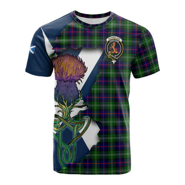 Sutherland Tartan Family Crest Cotton T-shirt Scottish Thistle Celtic Inspired
