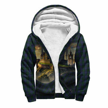 Sutherland Tartan Family Crest Sherpa Hoodie with Scottish Ancient Castle Style