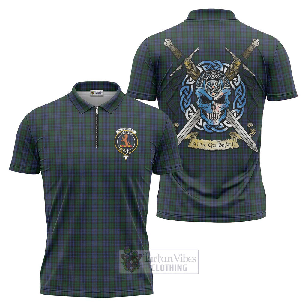 Tartan Vibes Clothing Sutherland Tartan Zipper Polo Shirt with Family Crest Celtic Skull Style