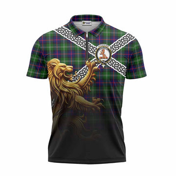 Sutherland Crest Tartan Zipper Polo Shirt with Golden Lion Emblem Celtic Style