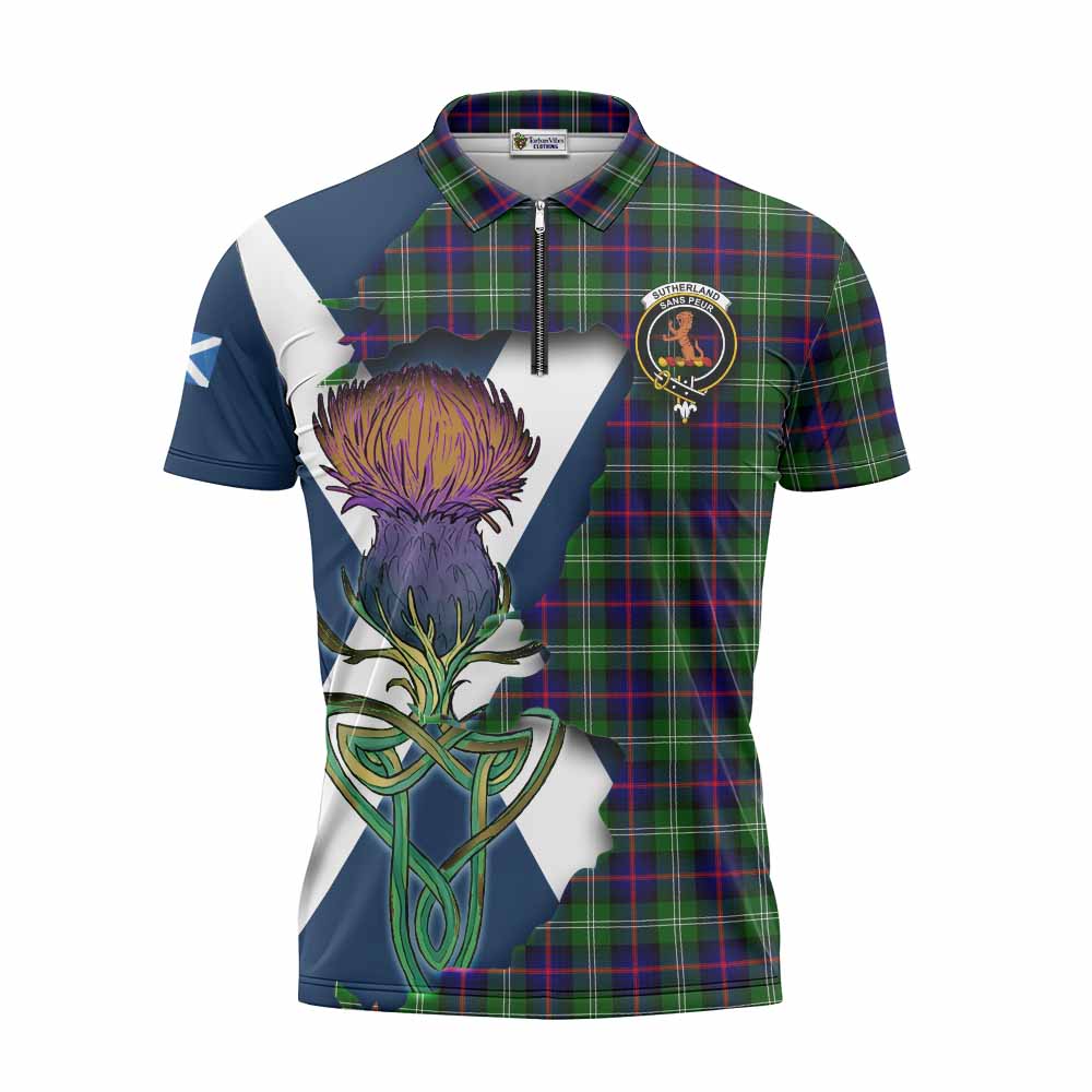 Tartan Vibes Clothing Sutherland Tartan Family Crest Zipper Polo Shirt Scottish Thistle Celtic Inspired
