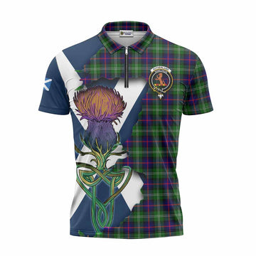 Tartan Vibes Clothing Sutherland Tartan Family Crest Zipper Polo Shirt Scottish Thistle Celtic Inspired