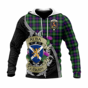 Sutherland Tartan Family Crest Knitted Hoodie Lion Rampant Royal Thistle Shield Celtic Inspired