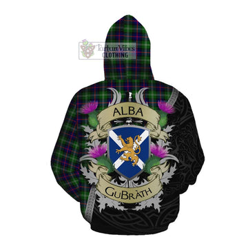 Sutherland Tartan Family Crest Cotton Hoodie Lion Rampant Royal Thistle Shield Celtic Inspired