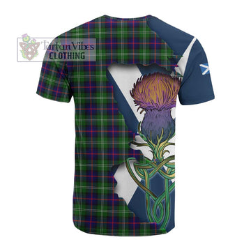 Sutherland Tartan Family Crest Cotton T-shirt Scottish Thistle Celtic Inspired
