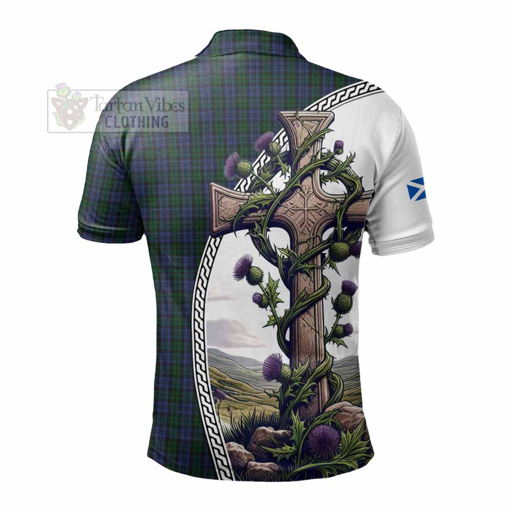 Tartan Vibes Clothing Sutherland Tartan Polo Shirt with Family Crest and St. Andrew's Cross Accented by Thistle Vines