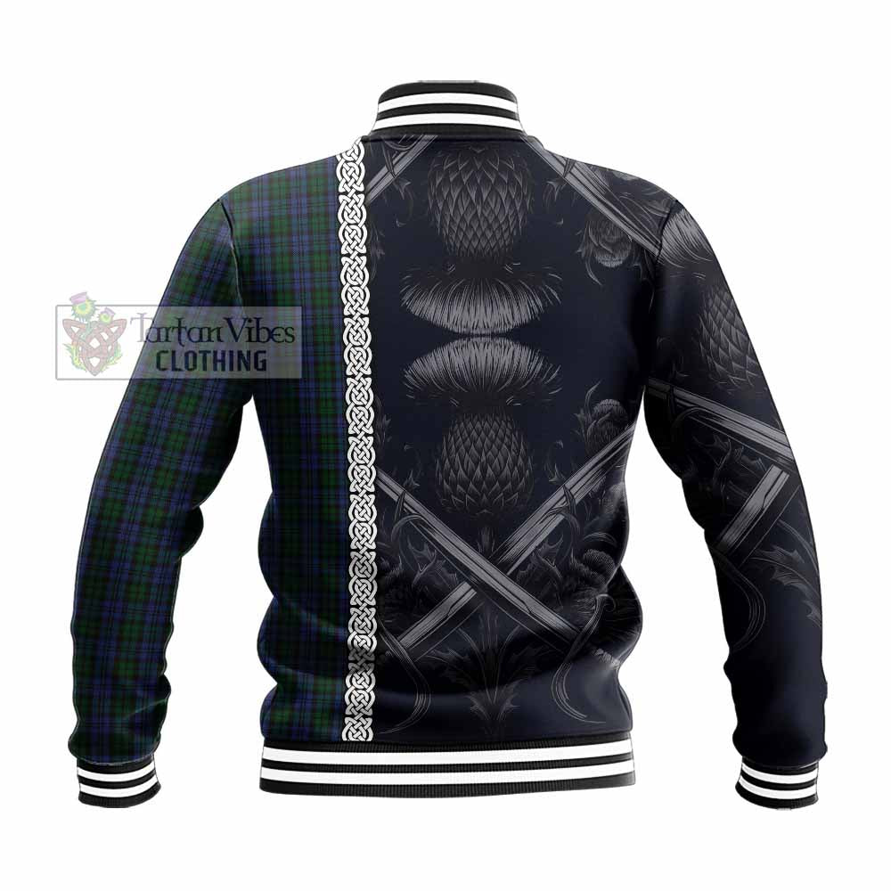 Tartan Vibes Clothing Sutherland Tartan Baseball Jacket with Family Crest Cross Sword Thistle Celtic Vibes