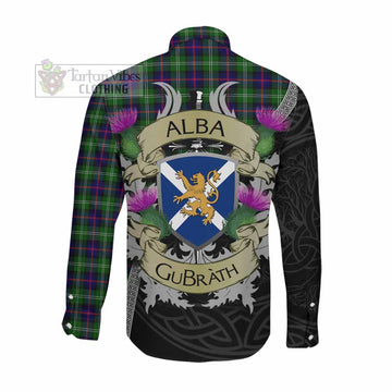 Sutherland Tartan Family Crest Long Sleeve Button Shirt Lion Rampant Royal Thistle Shield Celtic Inspired