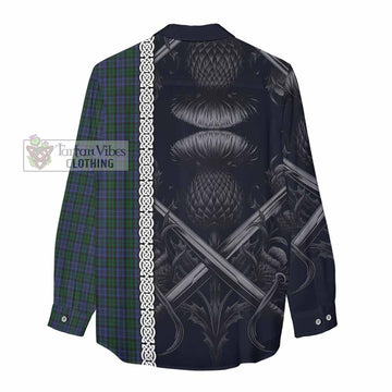 Tartan Vibes Clothing Sutherland Tartan Women's Casual Shirt with Family Crest Cross Sword Thistle Celtic Vibes