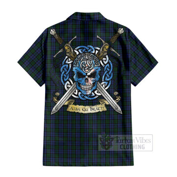 Sutherland Tartan Hawaiian Shirt with Family Crest Celtic Skull Style