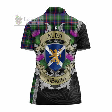 Sutherland Tartan Family Crest Women's Polo Shirt Lion Rampant Royal Thistle Shield Celtic Inspired