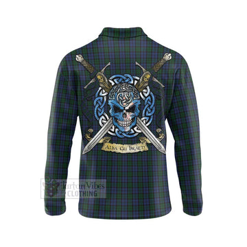 Tartan Vibes Clothing Sutherland Tartan Long Sleeve Polo Shirt with Family Crest Celtic Skull Style
