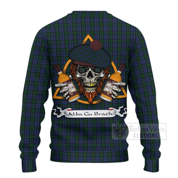 Sutherland Tartan Ugly Sweater with Family Crest and Bearded Skull Holding Bottles of Whiskey