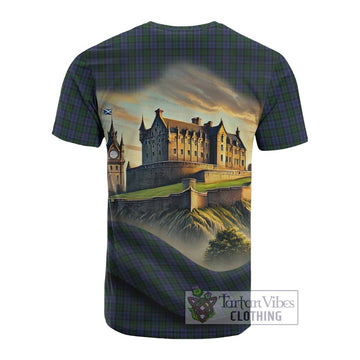 Sutherland Tartan Family Crest Cotton T-shirt with Scottish Ancient Castle Style
