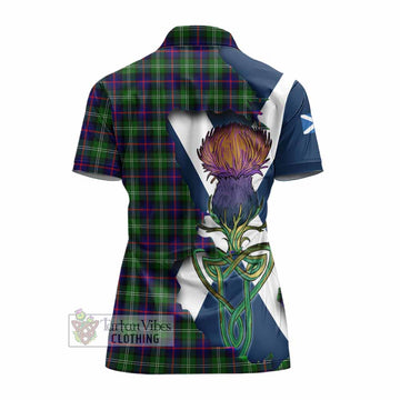 Sutherland Tartan Family Crest Women's Polo Shirt Scottish Thistle Celtic Inspired