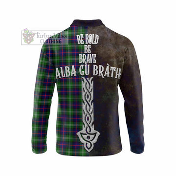 Sutherland Tartan Family Crest Long Sleeve Polo Shirt Alba Gu Brath Be Brave Lion Ancient Style