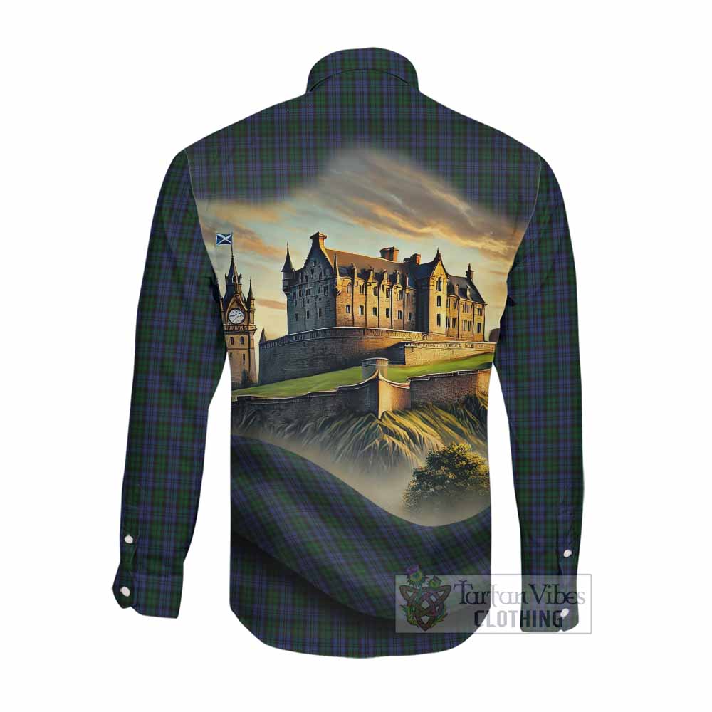 Tartan Vibes Clothing Sutherland Tartan Family Crest Long Sleeve Button Shirt with Scottish Ancient Castle Style