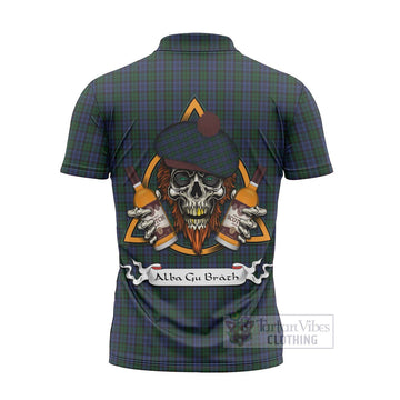Tartan Vibes Clothing Sutherland Tartan Zipper Polo Shirt with Family Crest and Bearded Skull Holding Bottles of Whiskey