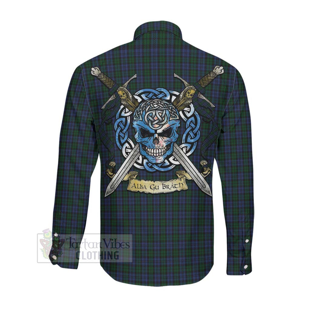 Tartan Vibes Clothing Sutherland Tartan Long Sleeve Button Shirt with Family Crest Celtic Skull Style