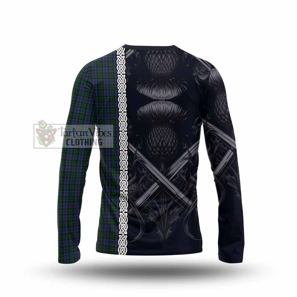Tartan Vibes Clothing Sutherland Tartan Long Sleeve T-Shirt with Family Crest Cross Sword Thistle Celtic Vibes