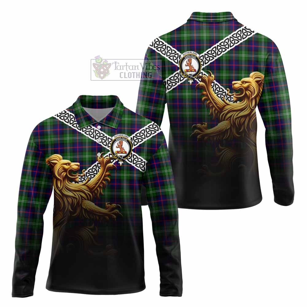 Tartan Vibes Clothing Sutherland Crest Tartan Long Sleeve Polo Shirt with Golden Lion Emblem Celtic Style