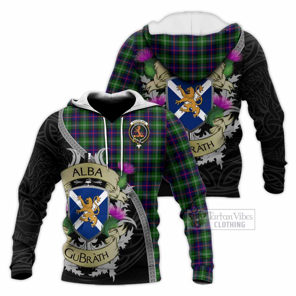 Tartan Vibes Clothing Sutherland Tartan Family Crest Knitted Hoodie Lion Rampant Royal Thistle Shield Celtic Inspired