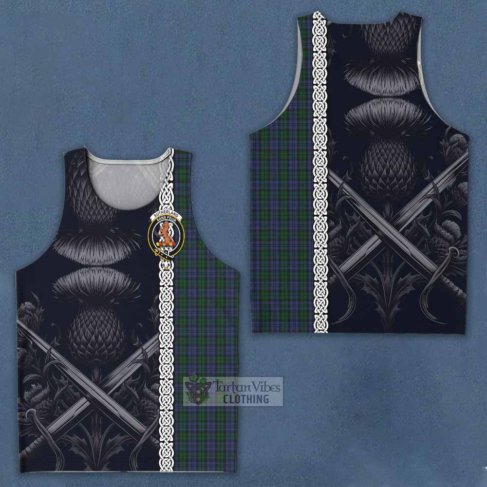 Tartan Vibes Clothing Sutherland Tartan Men's Tank Top with Family Crest Cross Sword Thistle Celtic Vibes