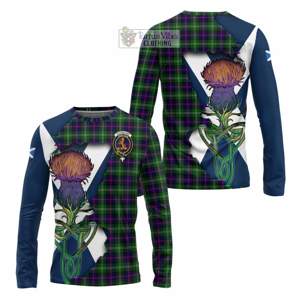 Tartan Vibes Clothing Sutherland Tartan Family Crest Long Sleeve T-Shirt Scottish Thistle Celtic Inspired
