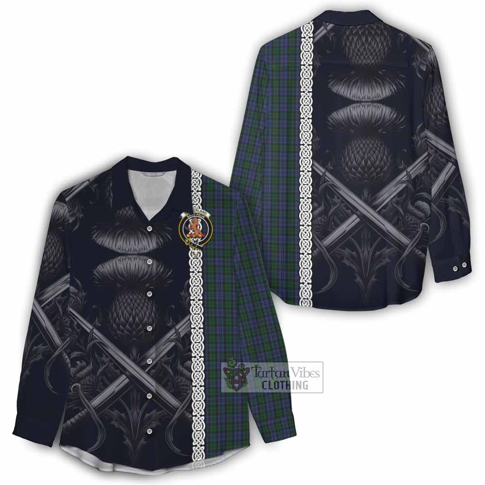 Tartan Vibes Clothing Sutherland Tartan Women's Casual Shirt with Family Crest Cross Sword Thistle Celtic Vibes