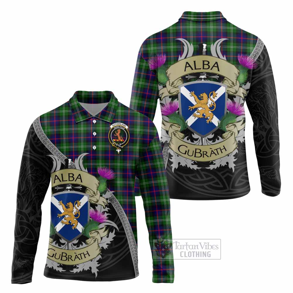 Tartan Vibes Clothing Sutherland Tartan Family Crest Long Sleeve Polo Shirt Lion Rampant Royal Thistle Shield Celtic Inspired