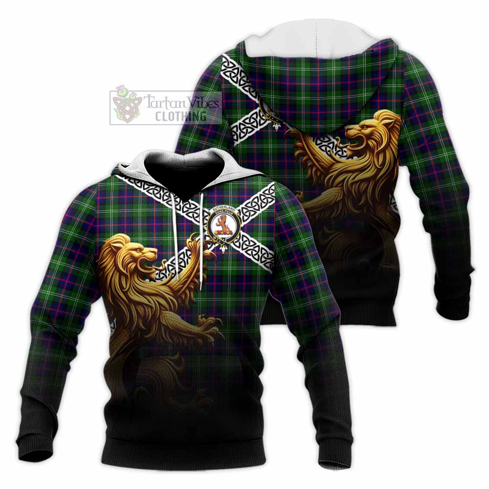 Tartan Vibes Clothing Sutherland Crest Tartan Knitted Hoodie with Golden Lion Emblem Celtic Style