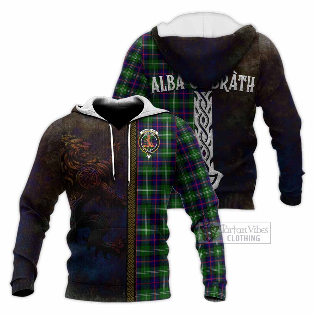 Tartan Vibes Clothing Sutherland Tartan Family Crest Knitted Hoodie Alba Gu Brath Be Brave Lion Ancient Style