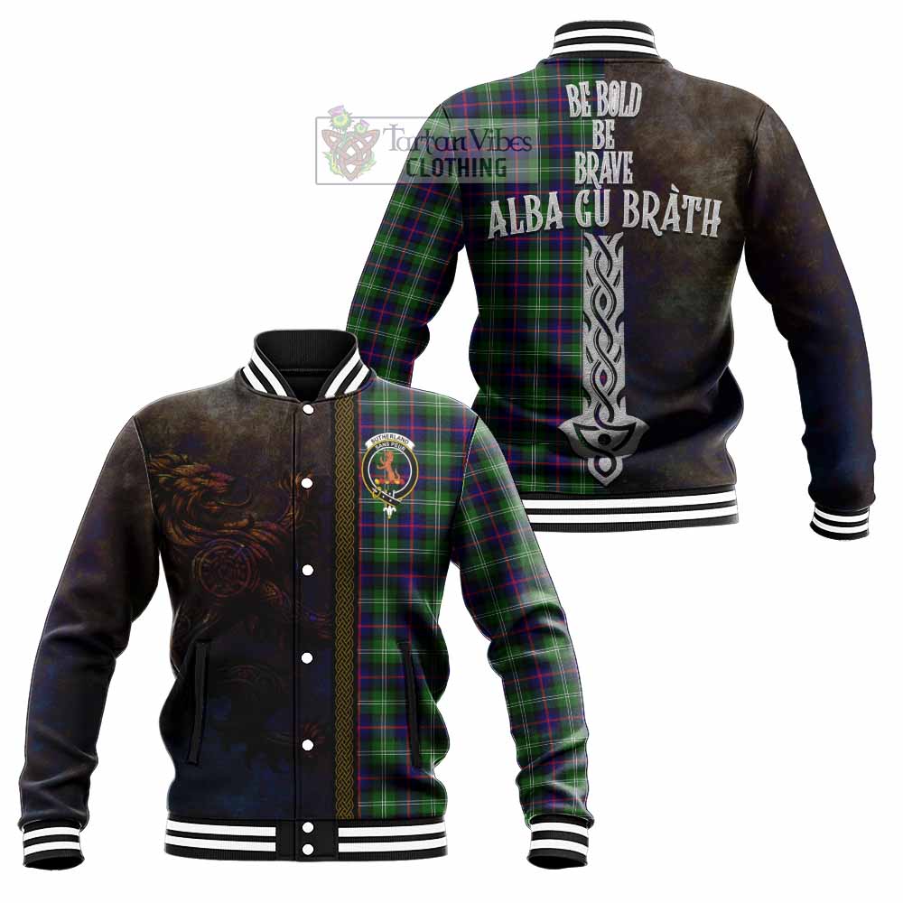 Tartan Vibes Clothing Sutherland Tartan Family Crest Baseball Jacket Alba Gu Brath Be Brave Lion Ancient Style