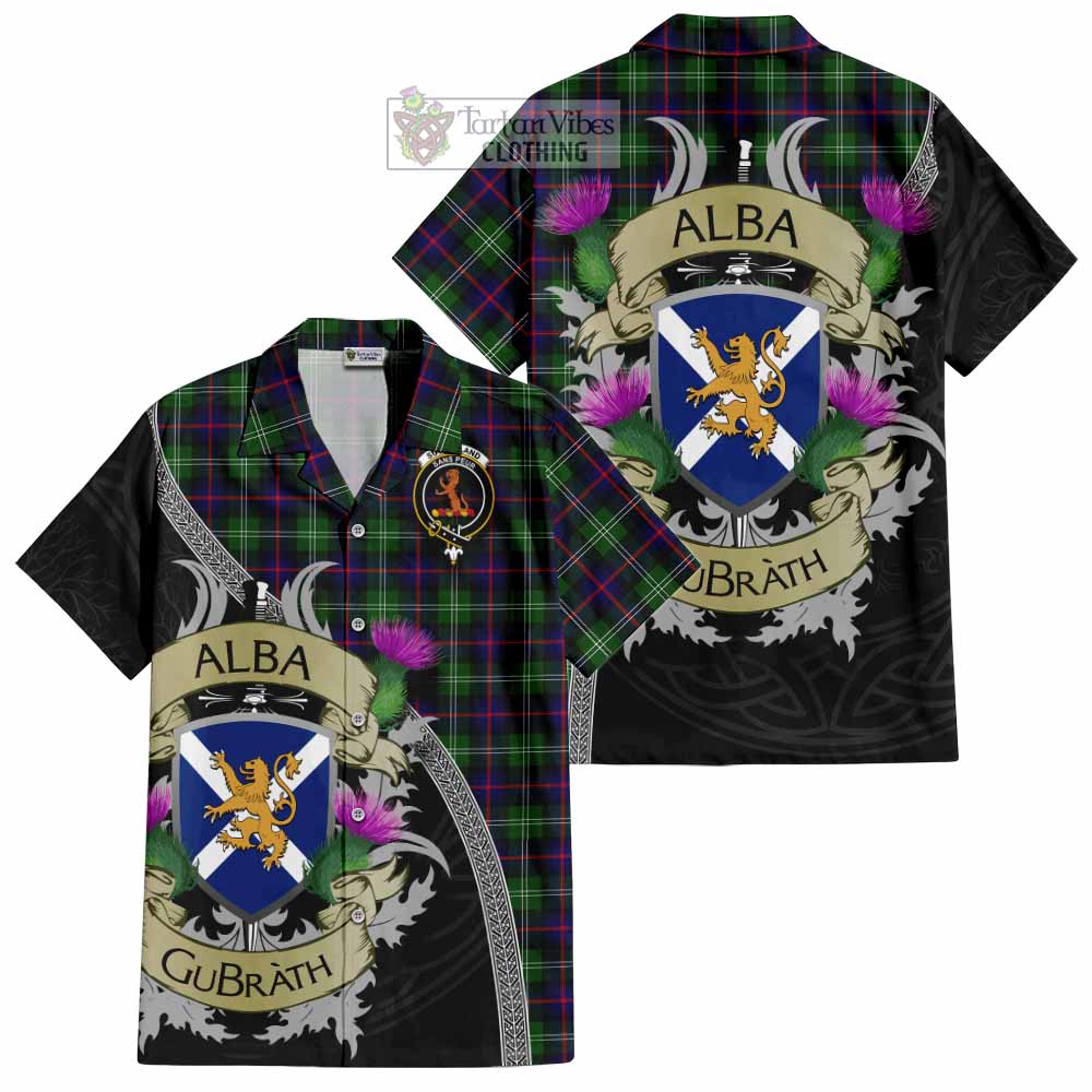 Tartan Vibes Clothing Sutherland Tartan Family Crest Short Sleeve Button Shirt Lion Rampant Royal Thistle Shield Celtic Inspired