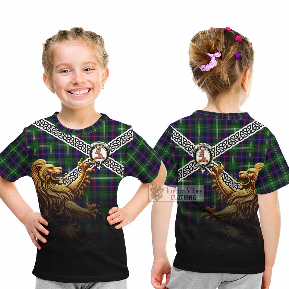 Tartan Vibes Clothing Sutherland Crest Tartan Kid T-Shirt with Golden Lion Emblem Celtic Style