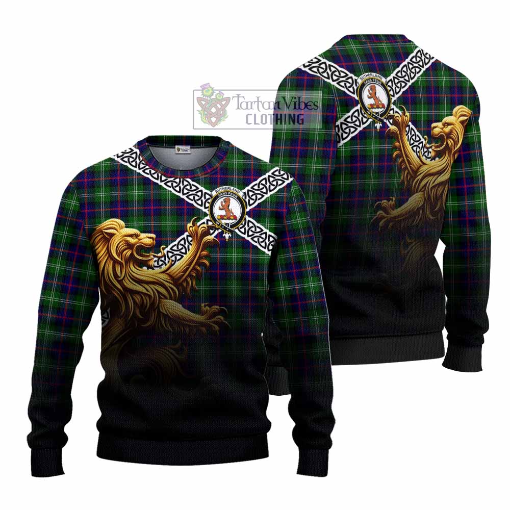 Tartan Vibes Clothing Sutherland Crest Tartan Knitted Sweater with Golden Lion Emblem Celtic Style