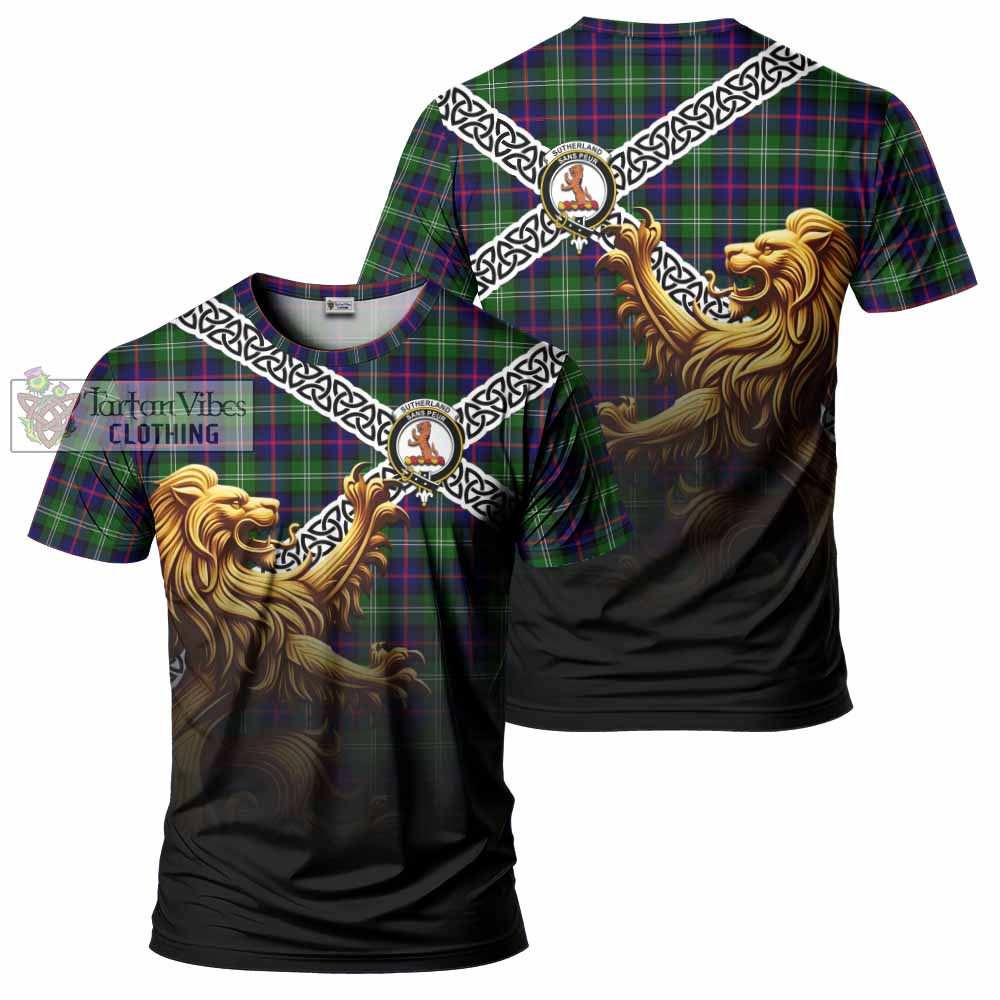 Tartan Vibes Clothing Sutherland Crest Tartan T-Shirt with Golden Lion Emblem Celtic Style