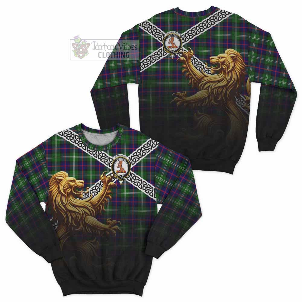 Tartan Vibes Clothing Sutherland Crest Tartan Sweatshirt with Golden Lion Emblem Celtic Style