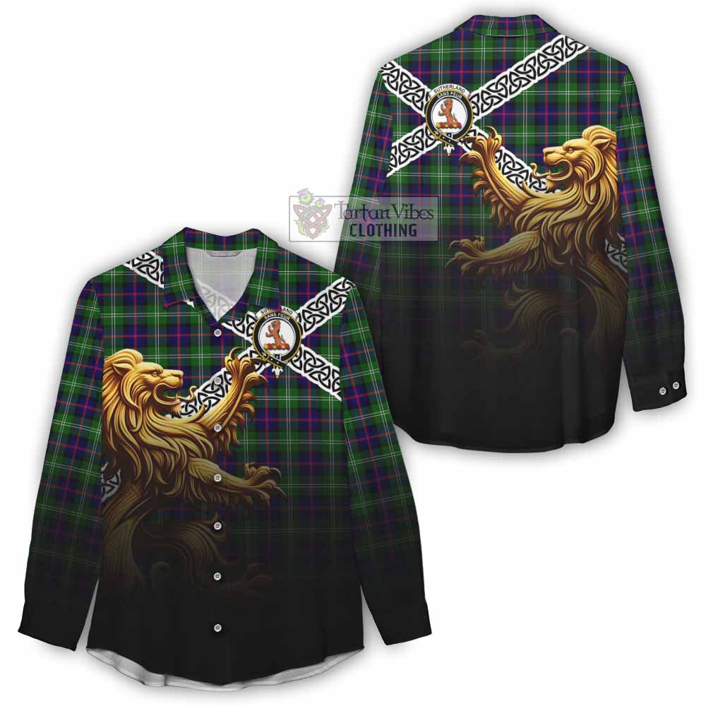 Tartan Vibes Clothing Sutherland Crest Tartan Women's Casual Shirt with Golden Lion Emblem Celtic Style