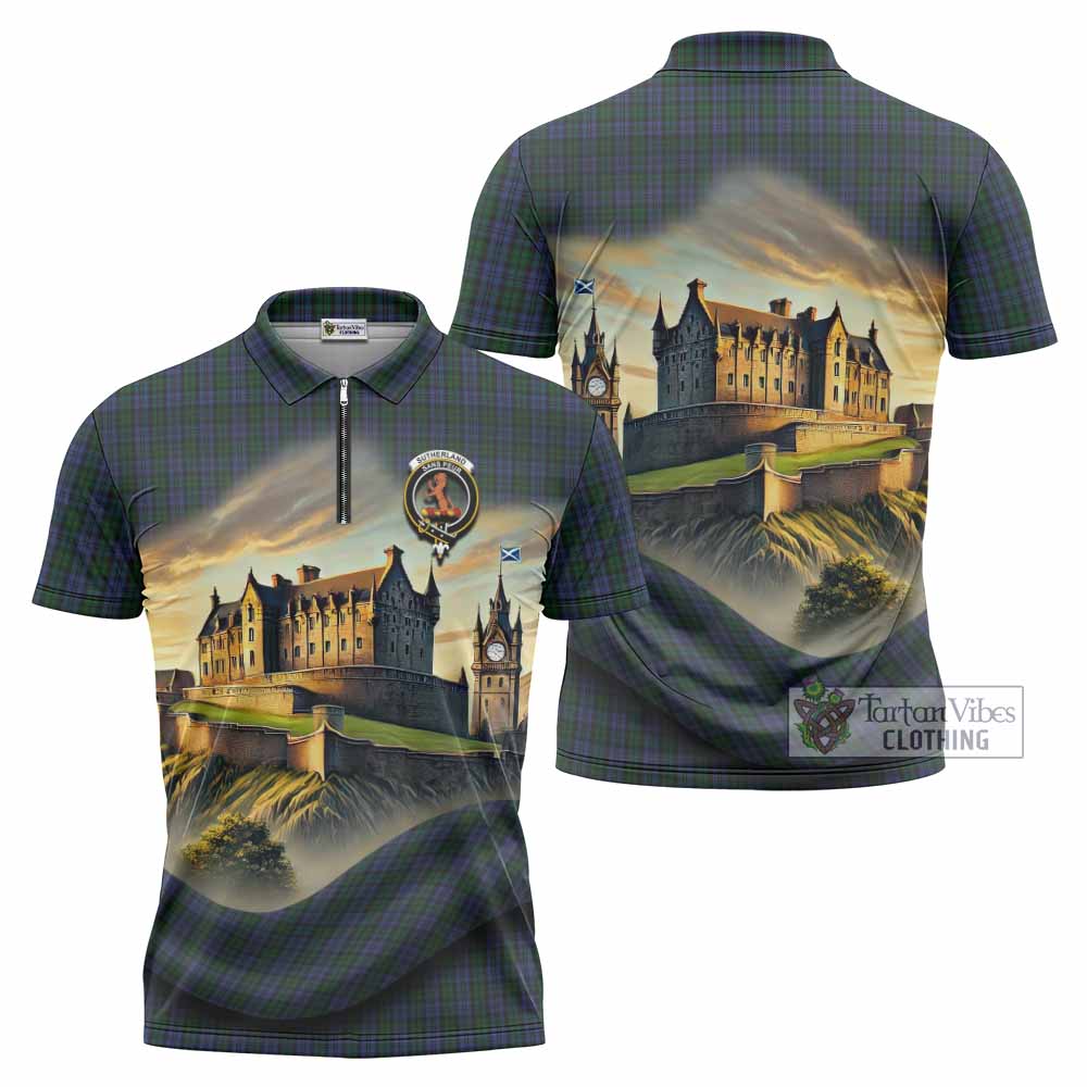 Tartan Vibes Clothing Sutherland Tartan Family Crest Zipper Polo Shirt with Scottish Ancient Castle Stype