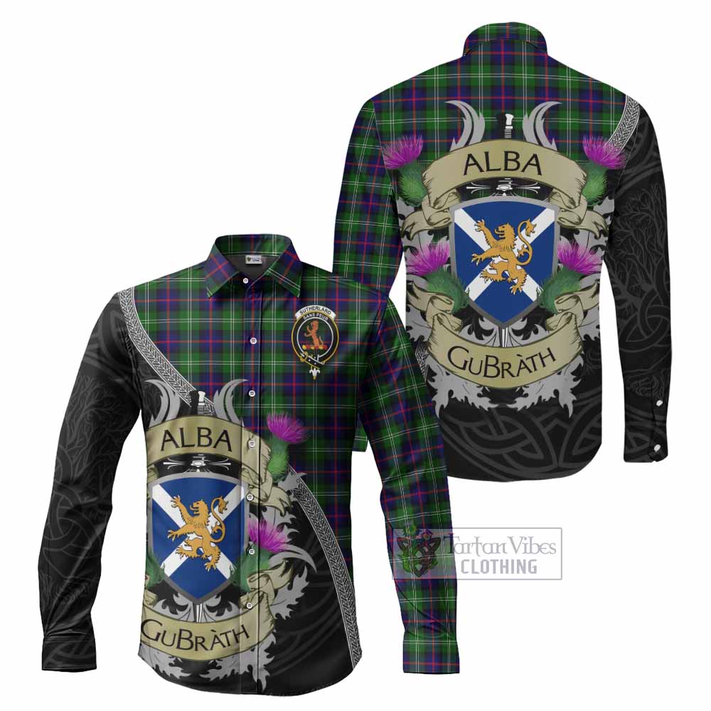 Tartan Vibes Clothing Sutherland Tartan Family Crest Long Sleeve Button Shirt Lion Rampant Royal Thistle Shield Celtic Inspired