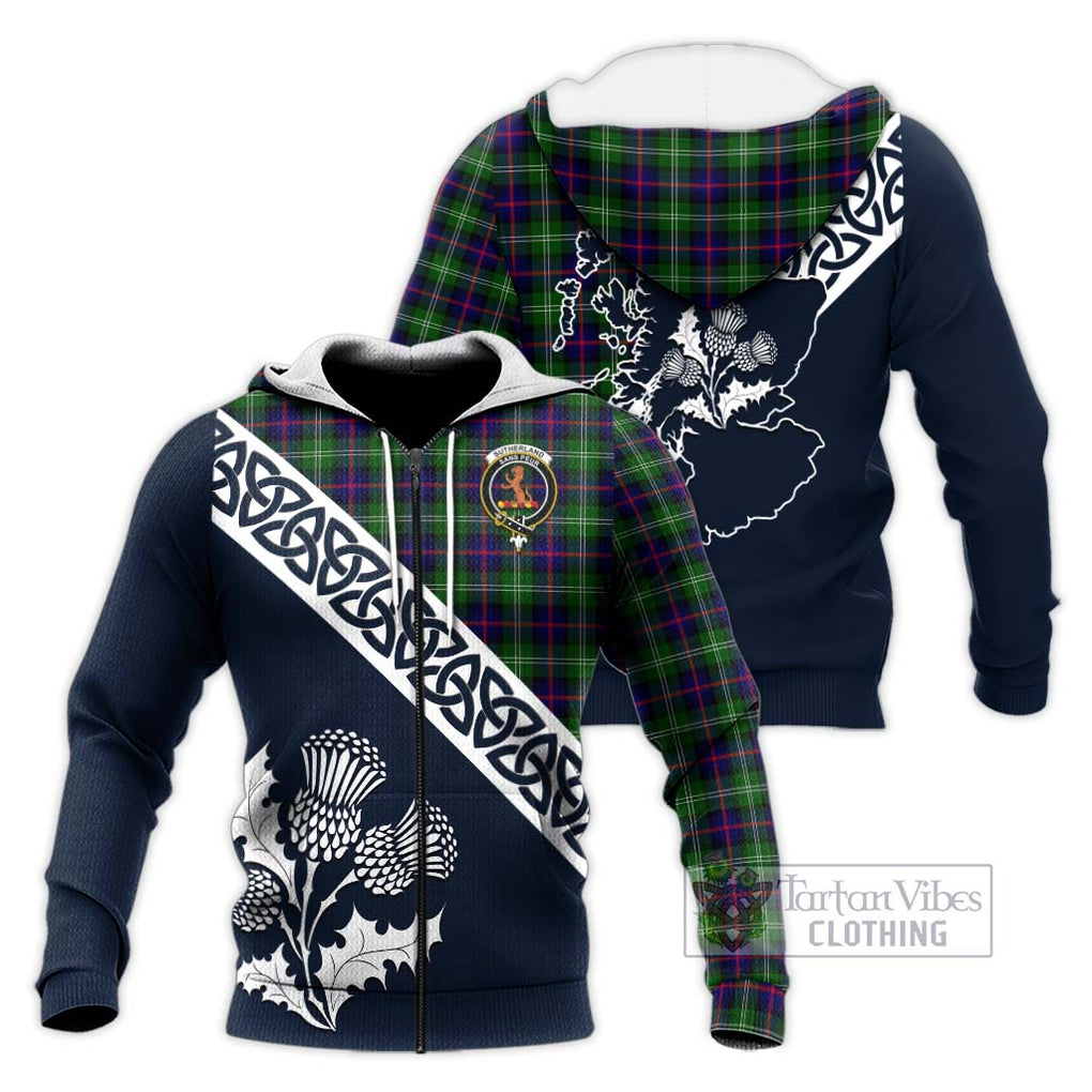 Tartan Vibes Clothing Sutherland Tartan Knitted Hoodie Featuring Thistle and Scotland Map