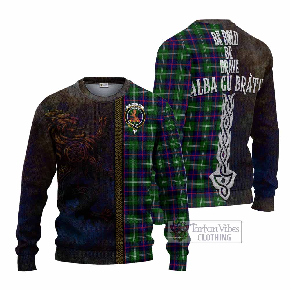 Tartan Vibes Clothing Sutherland Tartan Family Crest Knitted Sweater Alba Gu Brath Be Brave Lion Ancient Style