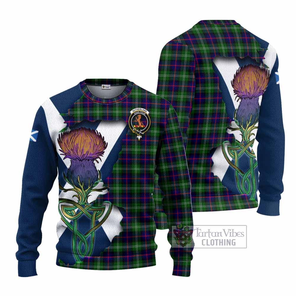 Tartan Vibes Clothing Sutherland Tartan Family Crest Knitted Sweater Scottish Thistle Celtic Inspired
