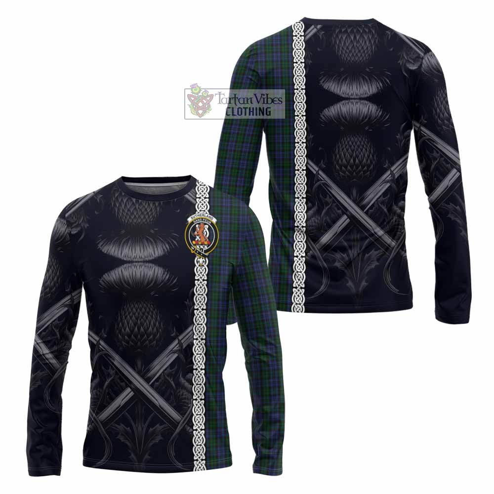 Tartan Vibes Clothing Sutherland Tartan Long Sleeve T-Shirt with Family Crest Cross Sword Thistle Celtic Vibes