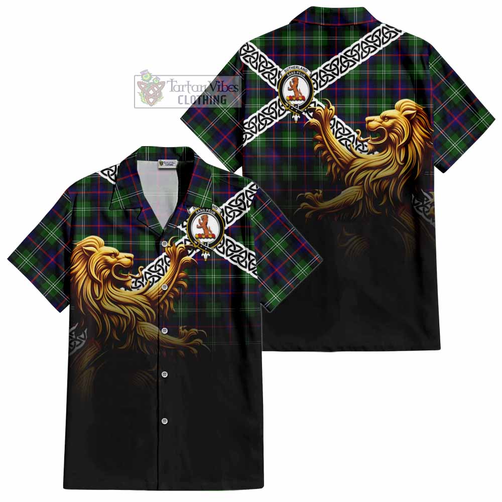 Tartan Vibes Clothing Sutherland Crest Tartan Short Sleeve Button Shirt with Golden Lion Emblem Celtic Style