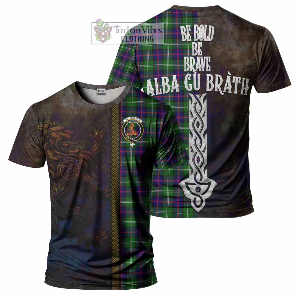Tartan Vibes Clothing Sutherland Tartan Family Crest T-Shirt Alba Gu Brath Be Brave Lion Ancient Style