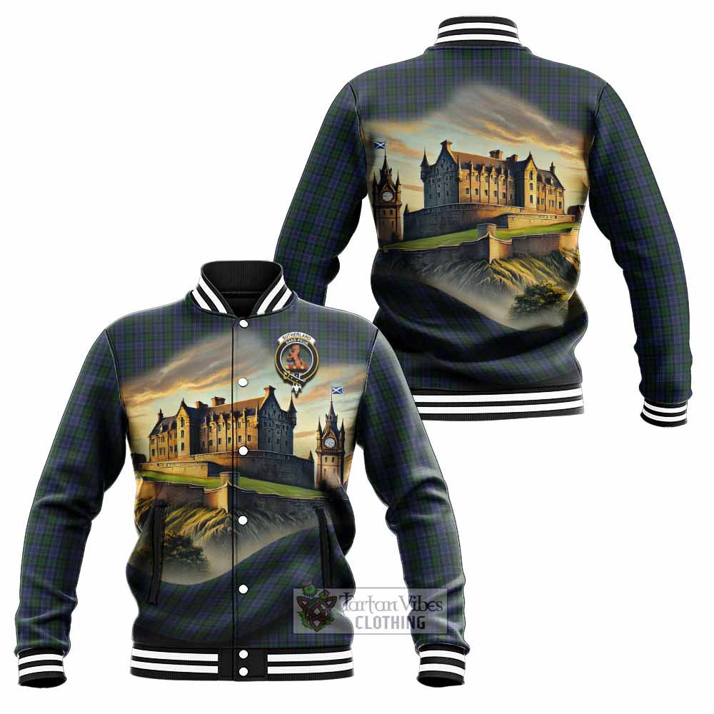 Tartan Vibes Clothing Sutherland Tartan Family Crest Baseball Jacket with Scottish Ancient Castle Style
