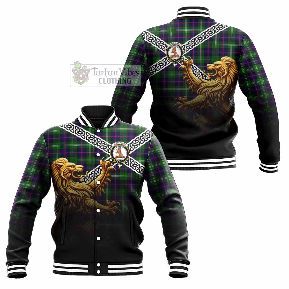 Tartan Vibes Clothing Sutherland Crest Tartan Baseball Jacket with Golden Lion Emblem Celtic Style